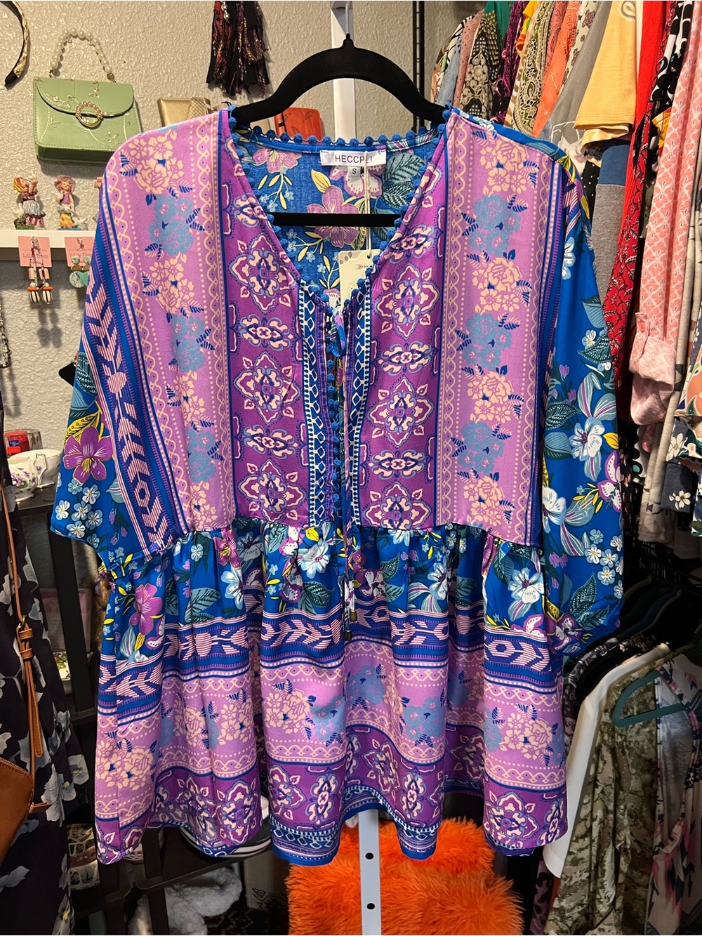Boho Over Sized Floral Peasant Top with Dolman Style Sleeves